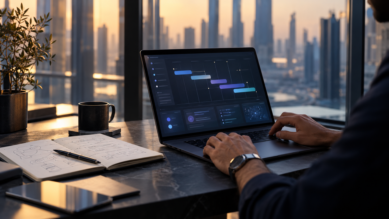 Hands at a laptop showing a product roadmap beside a notebook and a city skyline