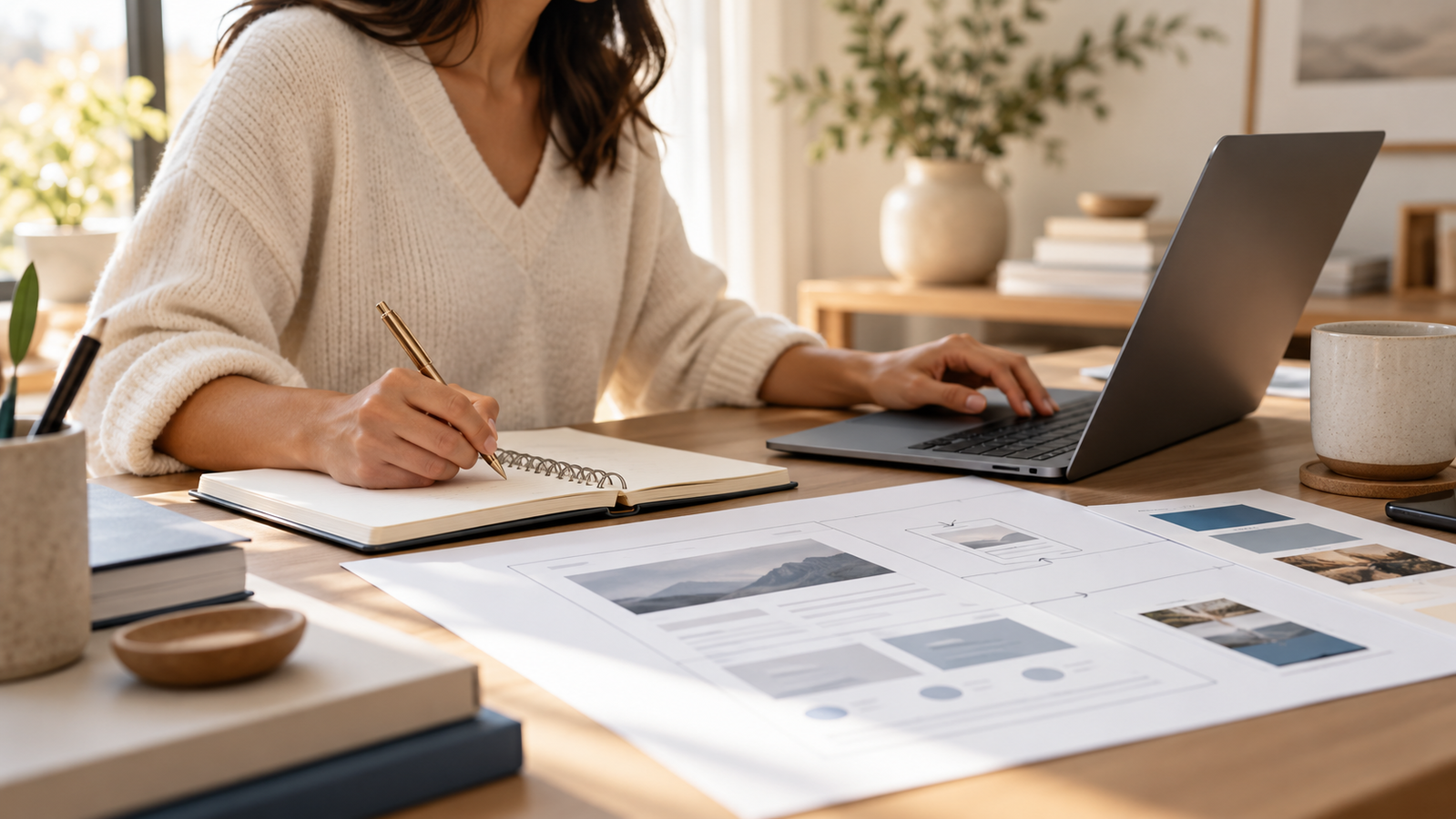 A professional outlining a digital product in a notebook beside a laptop and page mockups