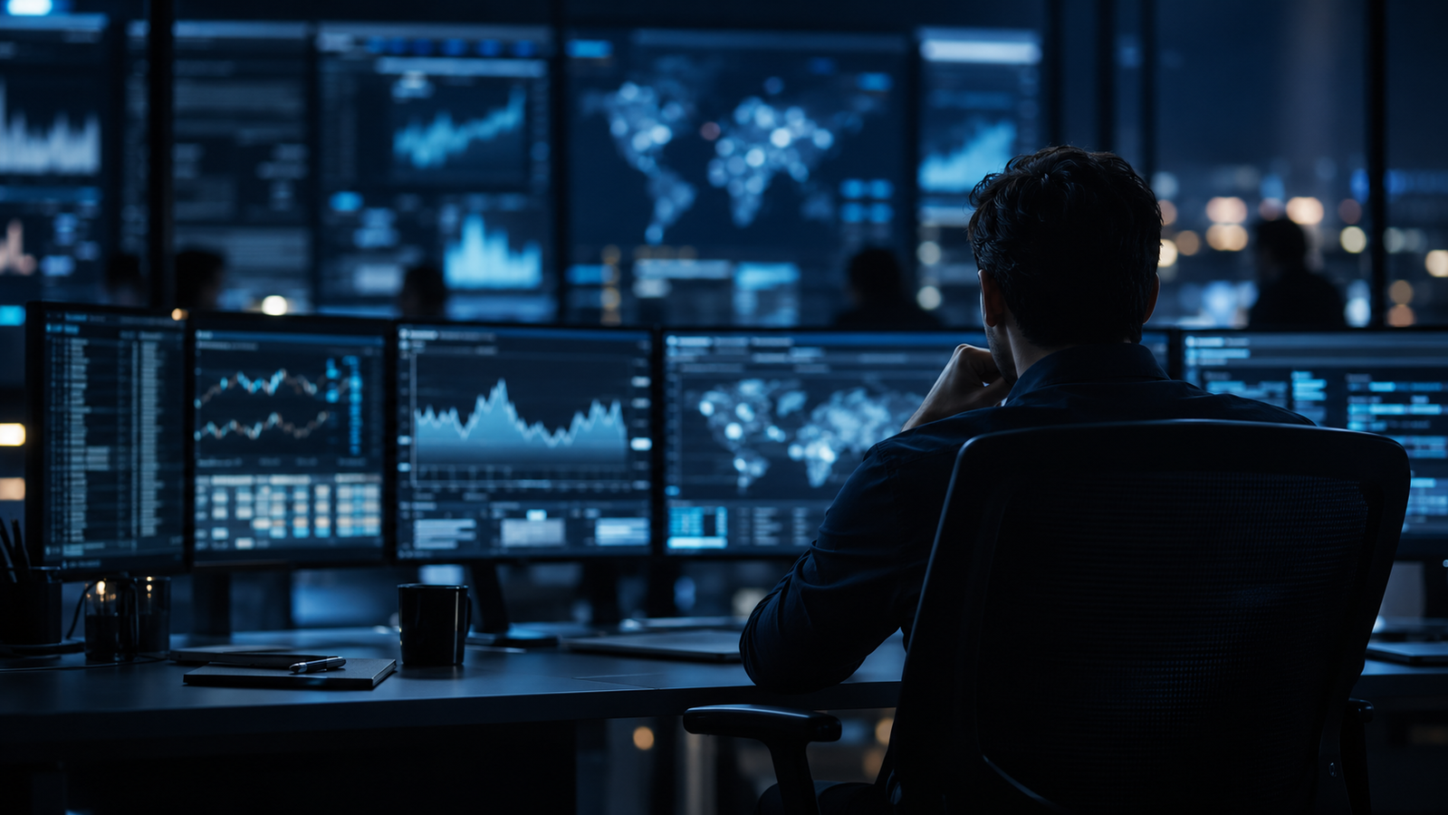 An operator reviewing several financial and operational dashboards in a dark control room