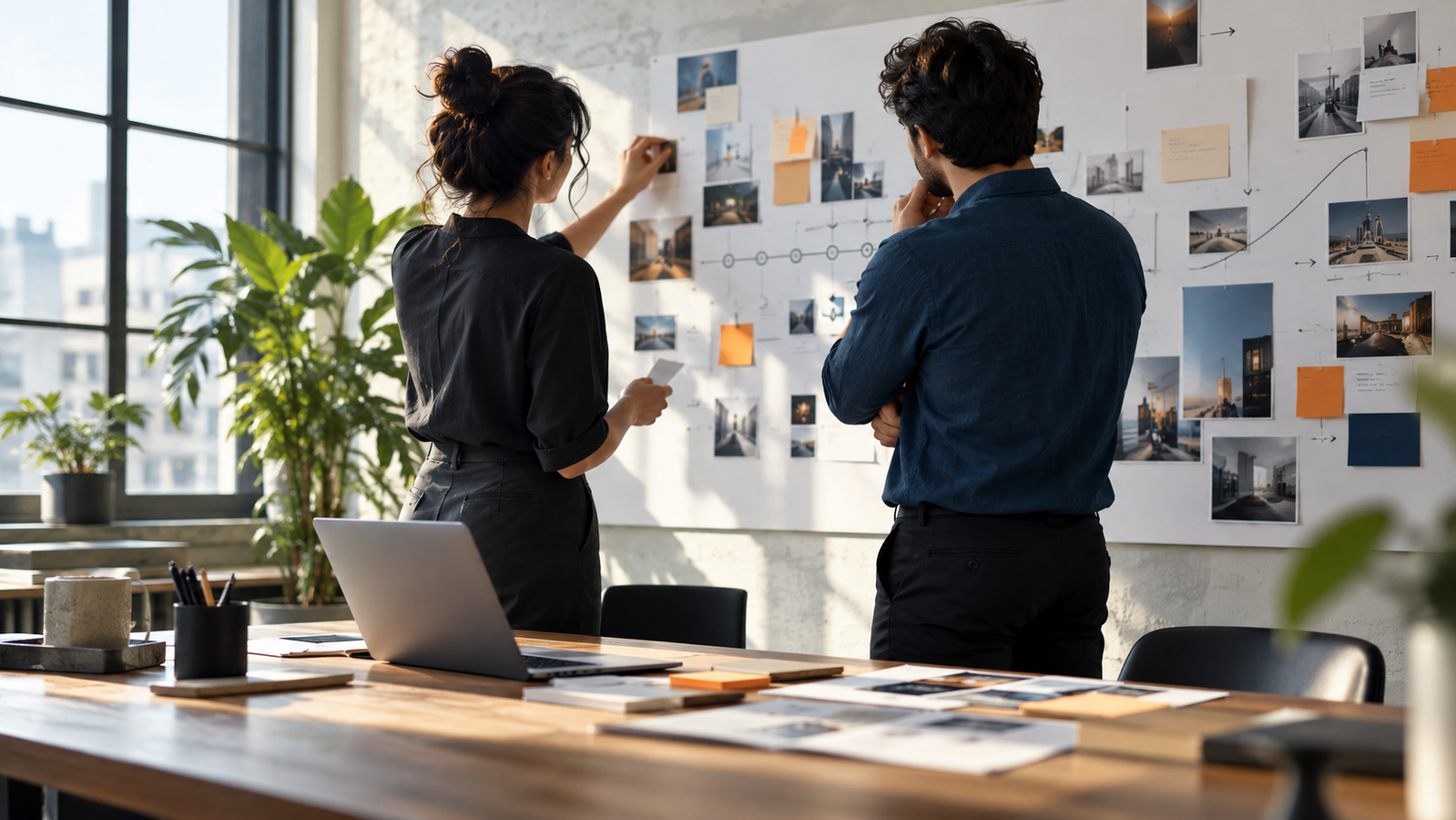 Two colleagues examining customer research notes and product ideas on an office wall