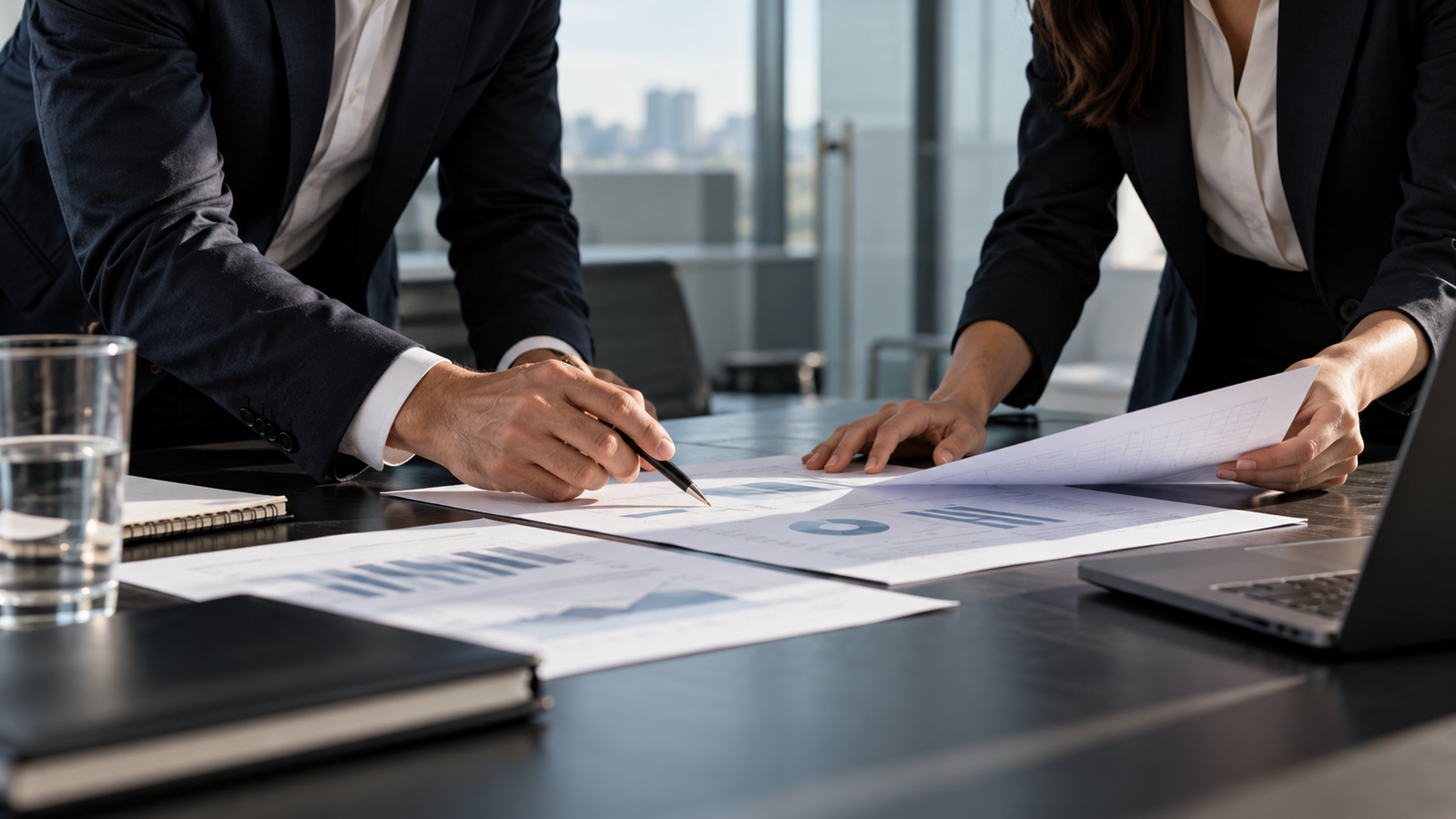 Two business operators reviewing printed plans and financial context at a meeting table