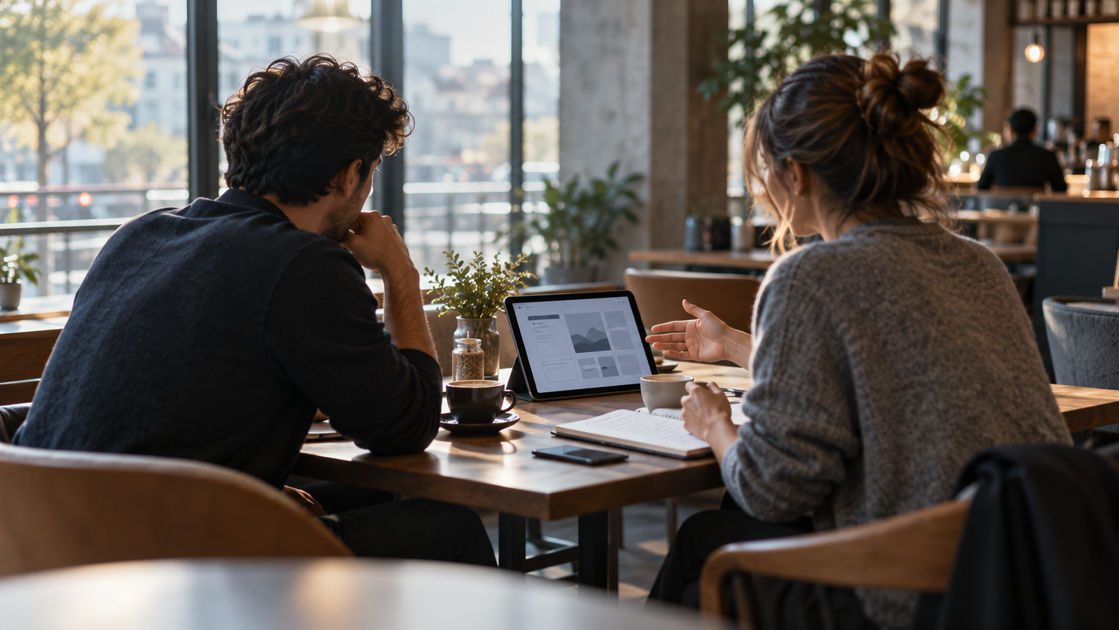 Two people reviewing a laptop and notes during a product discovery conversation
