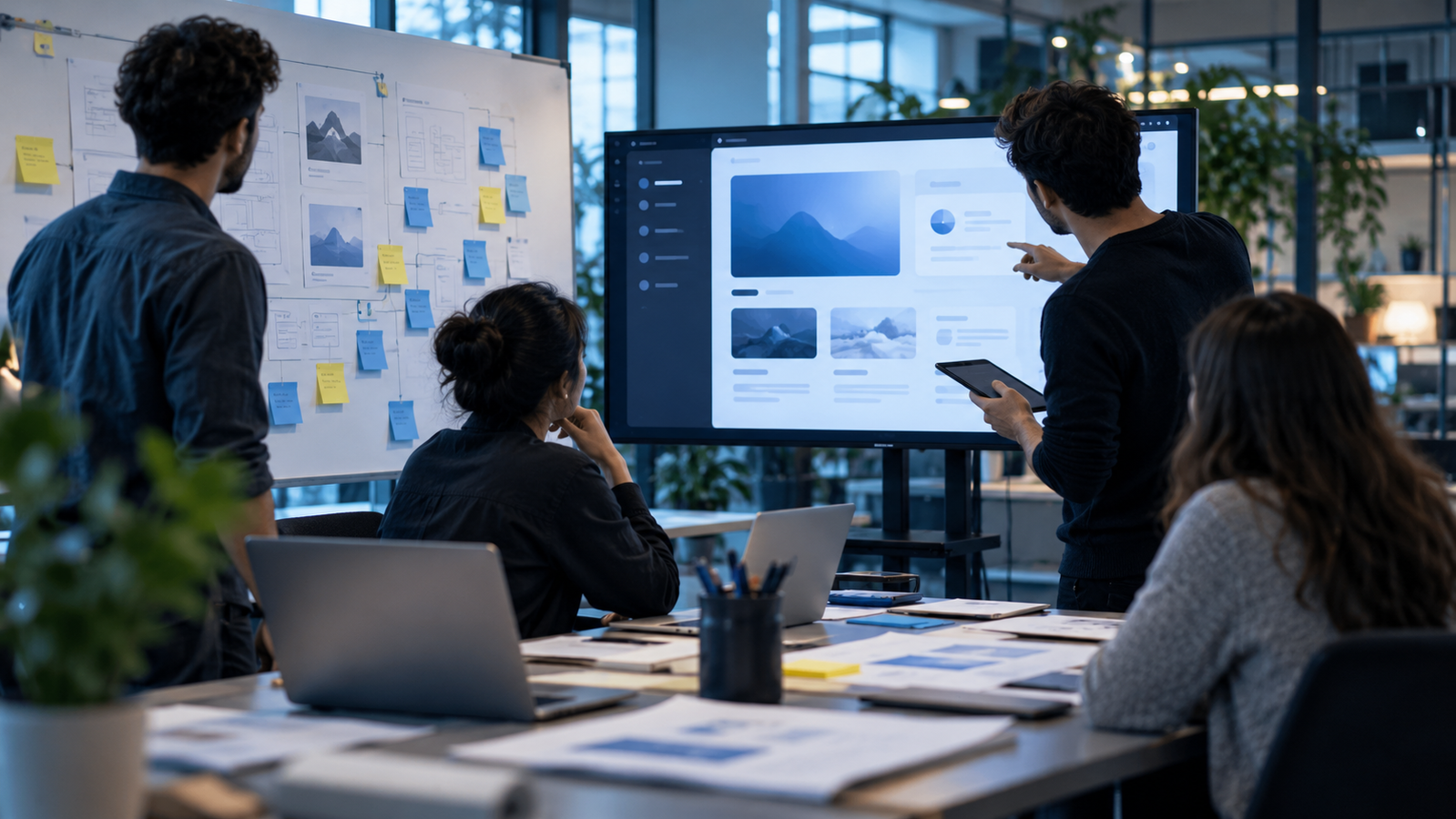 A product team reviewing a working software interface beside workflow sketches and notes