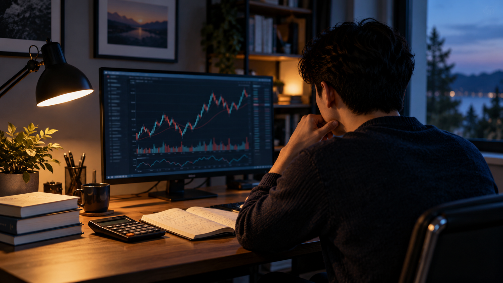 A person studying a market chart and keeping written notes at a desk
